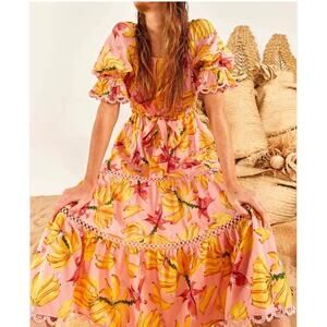 Farm Rio Midi Dress Banana Taste Off The Shoulder Pink Yellow nwt Size Small S